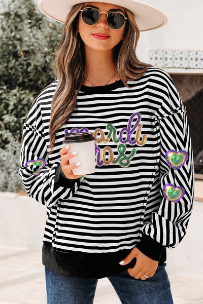 Women's Mardi Gras Sequin Stripe Graphic Long Sleeve Top