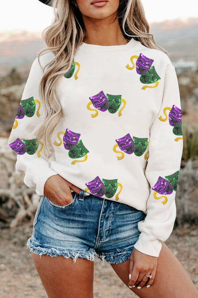 Women's Mardi Gras Sequined Mask Sweatshirt in White Cotton-Blend