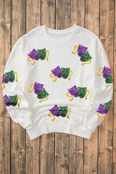 Women's Mardi Gras Sequined Mask Sweatshirt in White Cotton-Blend