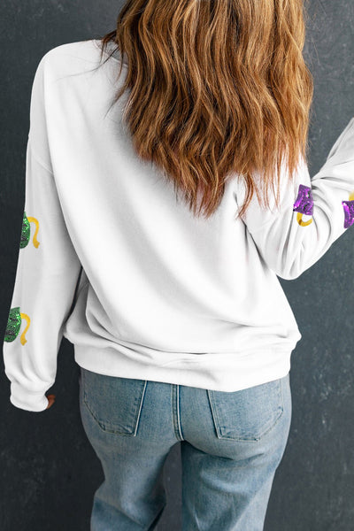 Women's Mardi Gras Sequined Mask Sweatshirt in White Cotton-Blend