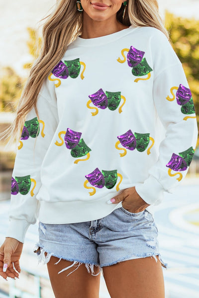 Women's Mardi Gras Sequined Mask Sweatshirt in White Cotton-Blend