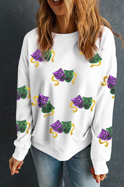 Women's Mardi Gras Sequined Mask Sweatshirt in White Cotton-Blend