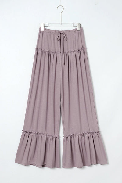 Women's Mauve Tiered Frill Wide-Leg Pants with Drawstring