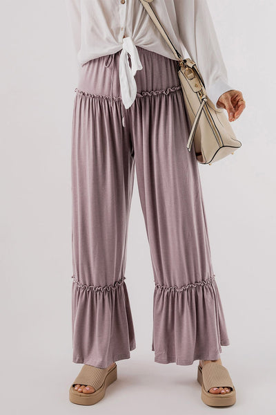 Women's Mauve Tiered Frill Wide-Leg Pants with Drawstring