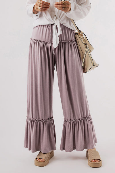 Women's Mauve Tiered Frill Wide-Leg Pants with Drawstring