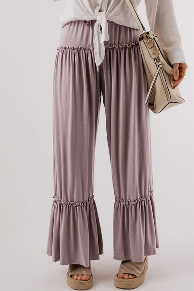 Women's Mauve Tiered Frill Wide-Leg Pants with Drawstring