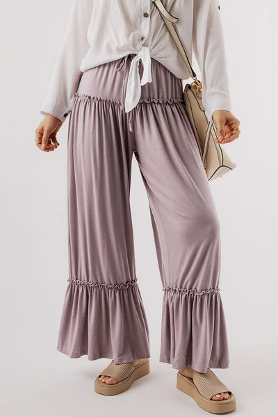 Women's Mauve Tiered Frill Wide-Leg Pants with Drawstring