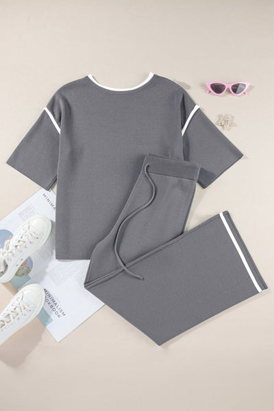 Women's Medium Grey Knit Pant Set with Contrast Trim