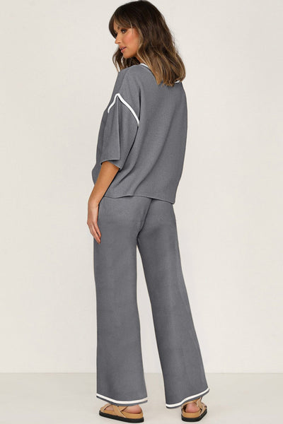 Women's Medium Grey Knit Pant Set with Contrast Trim