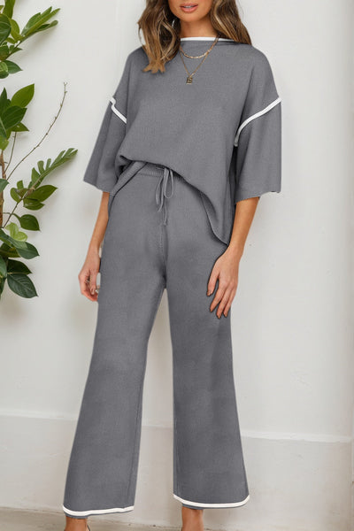 Women's Medium Grey Knit Pant Set with Contrast Trim