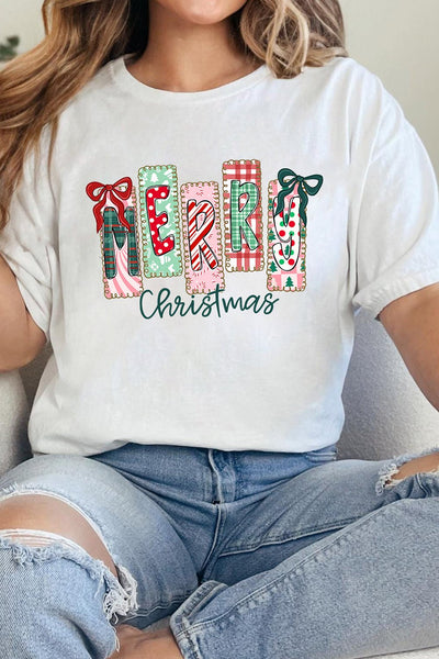 Women's Merry Christmas Patchwork Graphic Tee Shirt