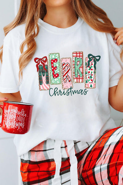 Women's Merry Christmas Patchwork Graphic Tee Shirt
