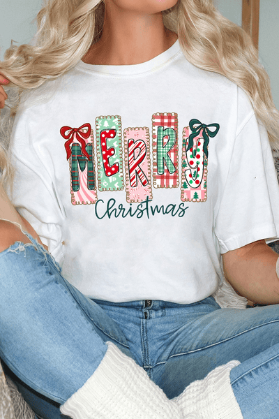 Women's Merry Christmas Patchwork Graphic Tee Shirt