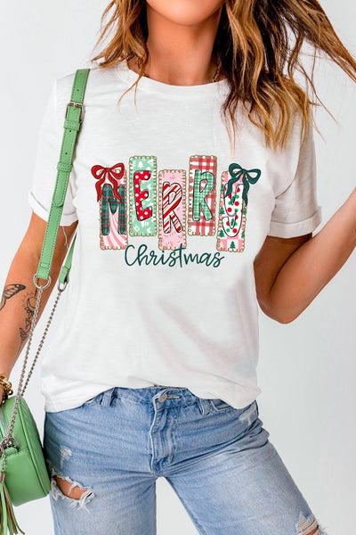 Women's Merry Christmas Patchwork Graphic Tee Shirt