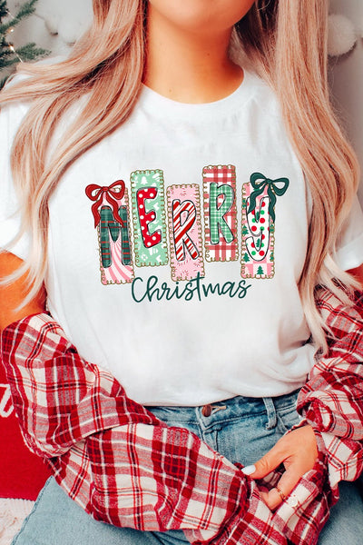 Women's Merry Christmas Patchwork Graphic Tee Shirt