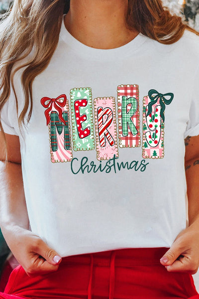 Women's Merry Christmas Patchwork Graphic Tee Shirt