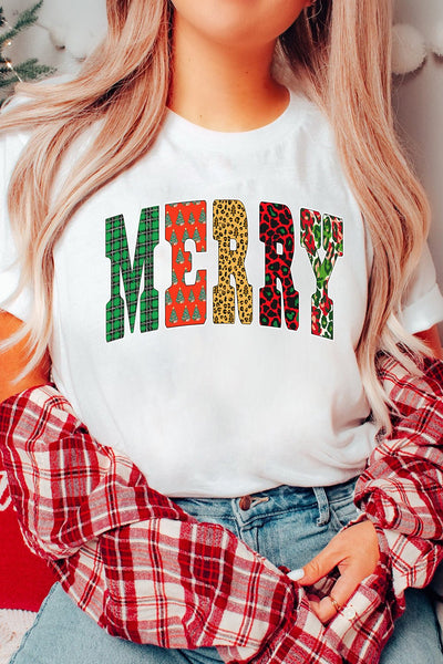 Women's MERRY Mixed-Pattern Graphic Christmas Tee for Women