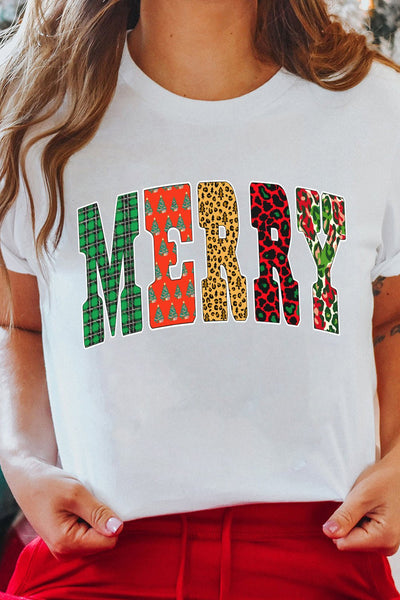Women's MERRY Mixed-Pattern Graphic Christmas Tee for Women