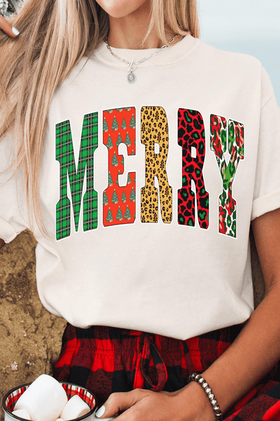 Women's MERRY Mixed-Pattern Graphic Christmas Tee for Women