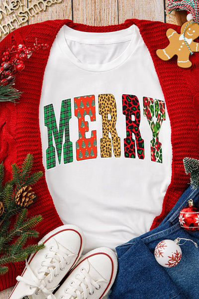 Women's MERRY Mixed-Pattern Graphic Christmas Tee for Women