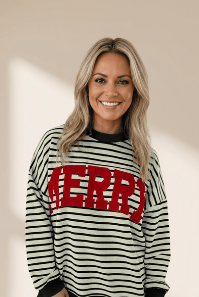 Women's Merry Striped Holiday Sweatshirt - Relaxed Graphic Pullover