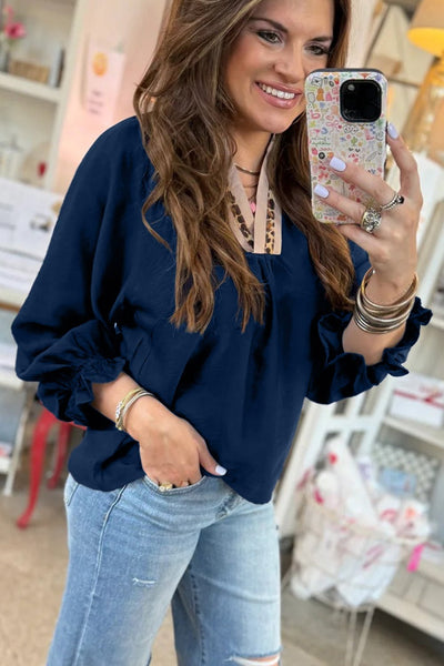 Women's Midnight Blue Leopard Trim V-Neck Flounce Sleeve Blouse