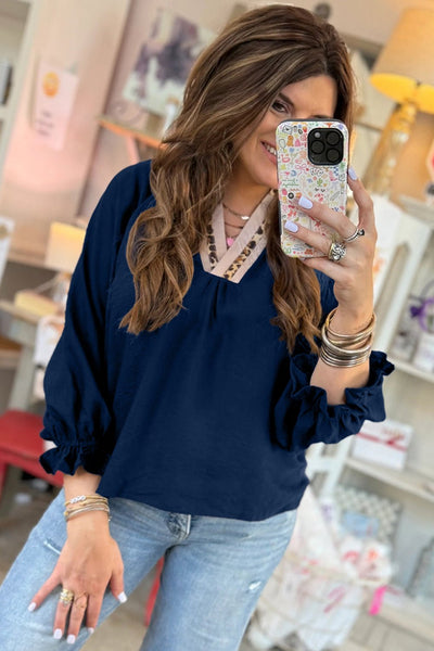 Women's Midnight Blue Leopard Trim V-Neck Flounce Sleeve Blouse