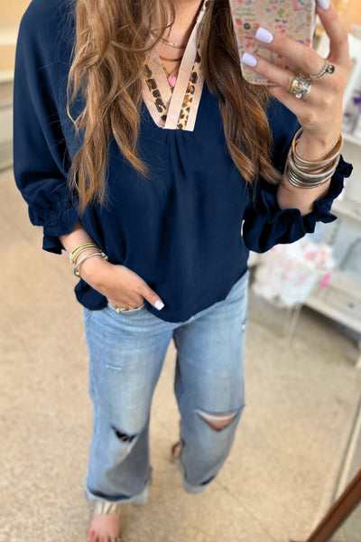 Women's Midnight Blue Leopard Trim V-Neck Flounce Sleeve Blouse