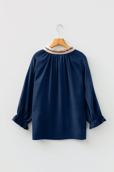Women's Midnight Blue Leopard Trim V-Neck Flounce Sleeve Blouse