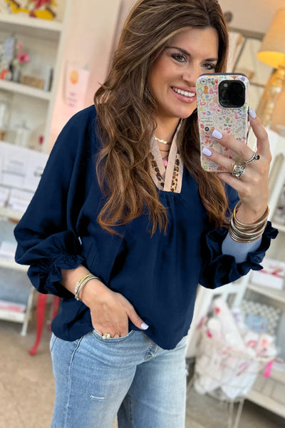 Women's Midnight Blue Leopard Trim V-Neck Flounce Sleeve Blouse