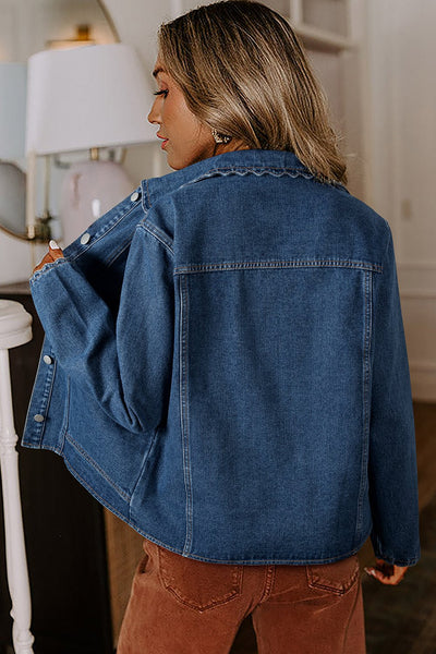 Women's Mineral Washed Denim Jacket in Ashleigh Blue with Scalloped Trim, Button-Up Closure, and Patched Pockets.