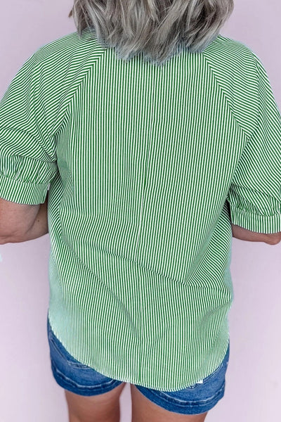 Women's Mint Green Pinstripe Split Neck Blouse with Half Sleeves