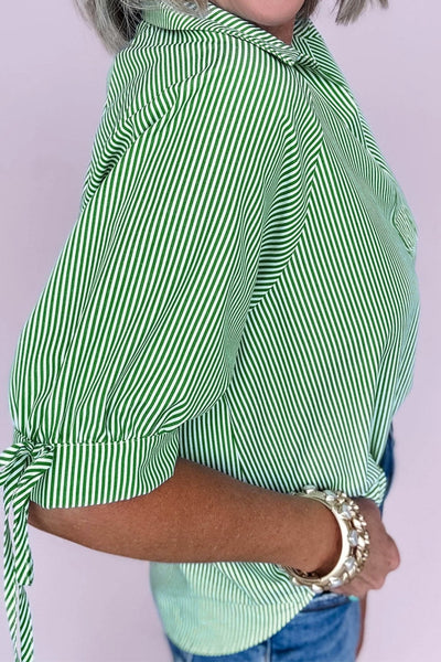 Women's Mint Green Pinstripe Split Neck Blouse with Half Sleeves