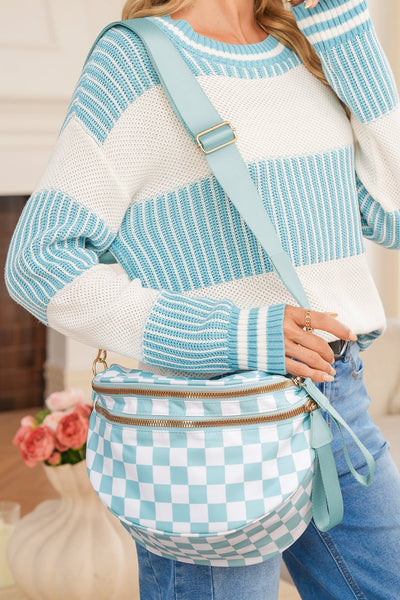 Women's Mist Blue Checkered Polyester Crossbody Bag with Wide Strap