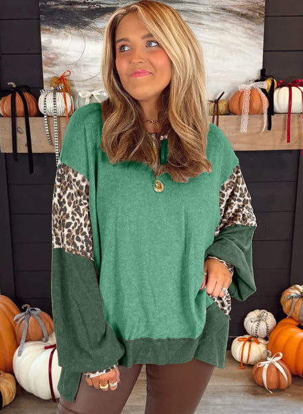 Women's Mist Green Leopard Color Block High-Low Sweatshirt