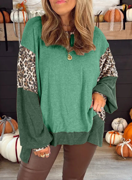 Women's Mist Green Leopard Color Block High-Low Sweatshirt