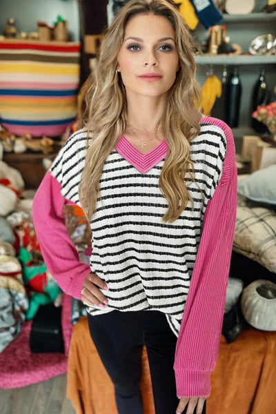 Women's Mixed Media Striped V-Neck Top with Textured Pink Sleeves