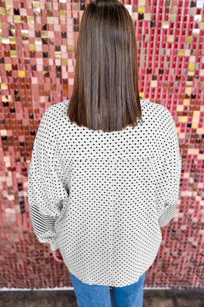 Women's Mixed Print Polka Dot and Striped Plus Size Henley Top