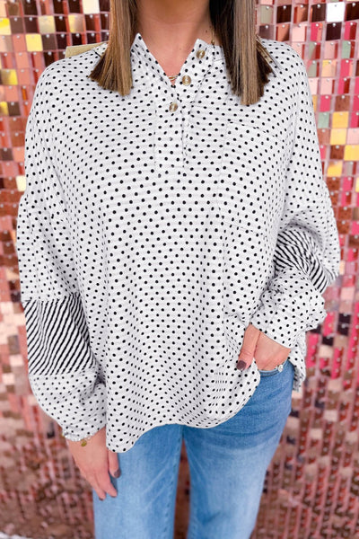 Women's Mixed Print Polka Dot and Striped Plus Size Henley Top