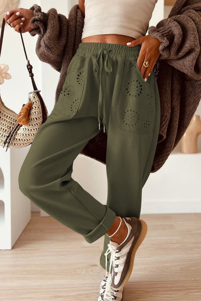 Women's Moss Green Embroidered Drawstring Pants with Eyelet Pockets