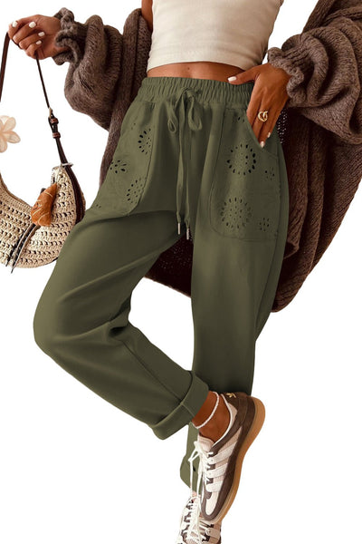 Women's Moss Green Embroidered Drawstring Pants with Eyelet Pockets