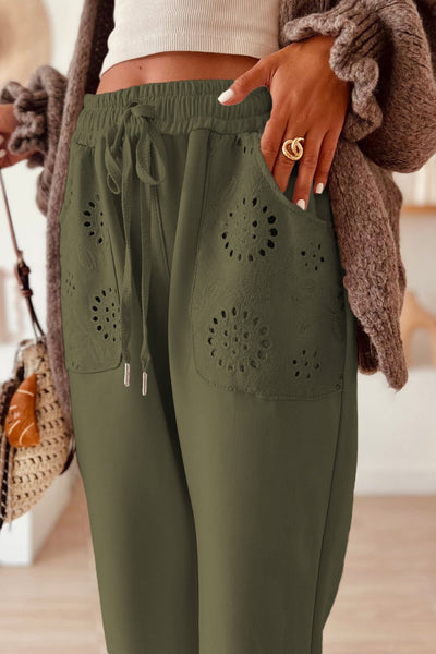 Women's Moss Green Embroidered Drawstring Pants with Eyelet Pockets