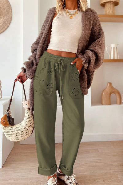 Women's Moss Green Embroidered Drawstring Pants with Eyelet Pockets
