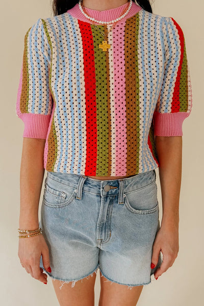 Women's Multi-Color Pointelle Knit Striped Short Sleeve Sweater