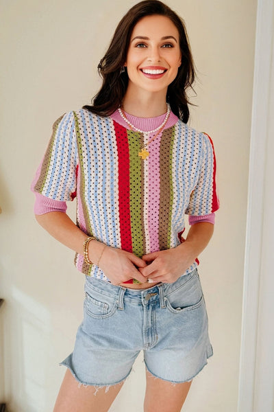 Women's Multi-Color Pointelle Knit Striped Short Sleeve Sweater