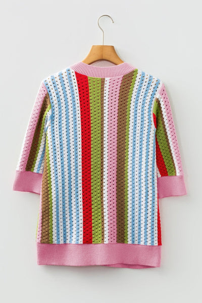 Women's Multi-Color Pointelle Knit Striped Short Sleeve Sweater