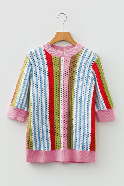 Women's Multi-Color Pointelle Knit Striped Short Sleeve Sweater