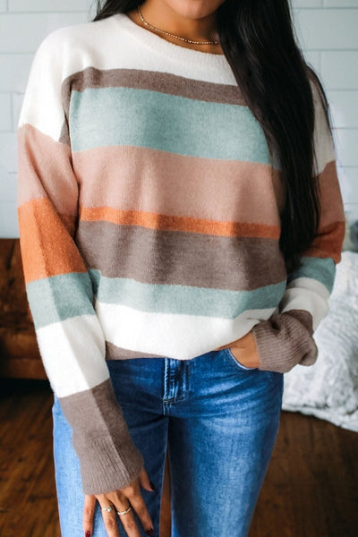 Women's Multi-Color Striped Drop Shoulder Knit Sweater