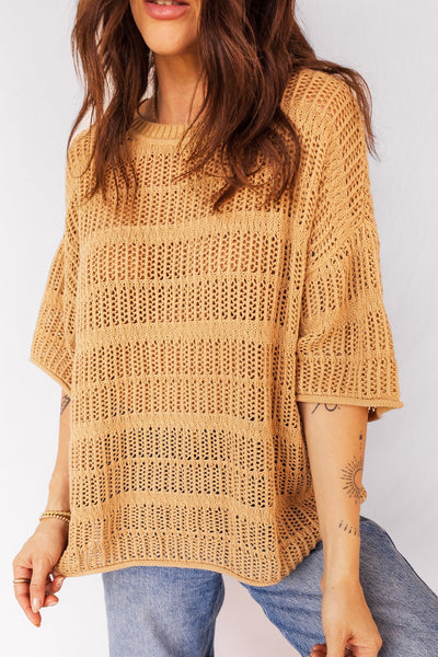 Women's Mustard 100% Cotton Openwork Knit Short Sleeve Sweater