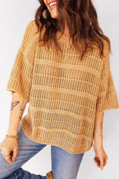 Women's Mustard 100% Cotton Openwork Knit Short Sleeve Sweater